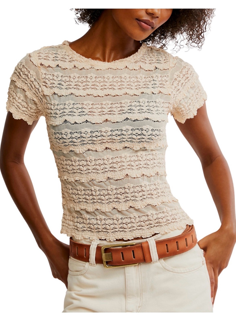 Free People Cream Lace Short-Sleeve Tee